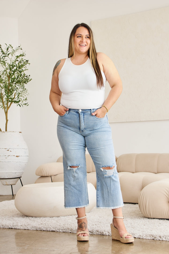 High Waist Distressed Tummy Control Jeans with Raw Hem Finish