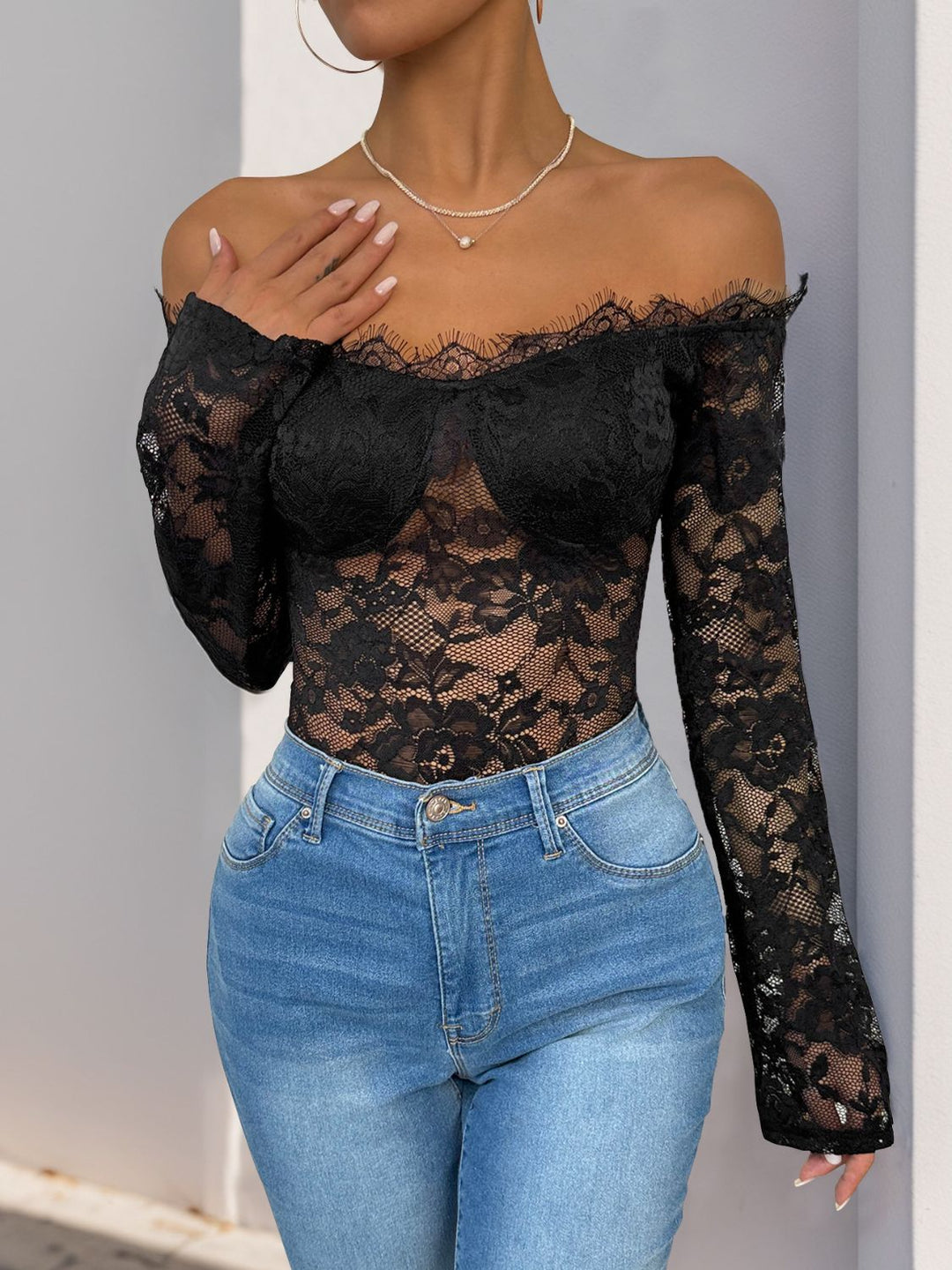 Chic Off-Shoulder Lace Long Sleeve Bodysuit by Perfee