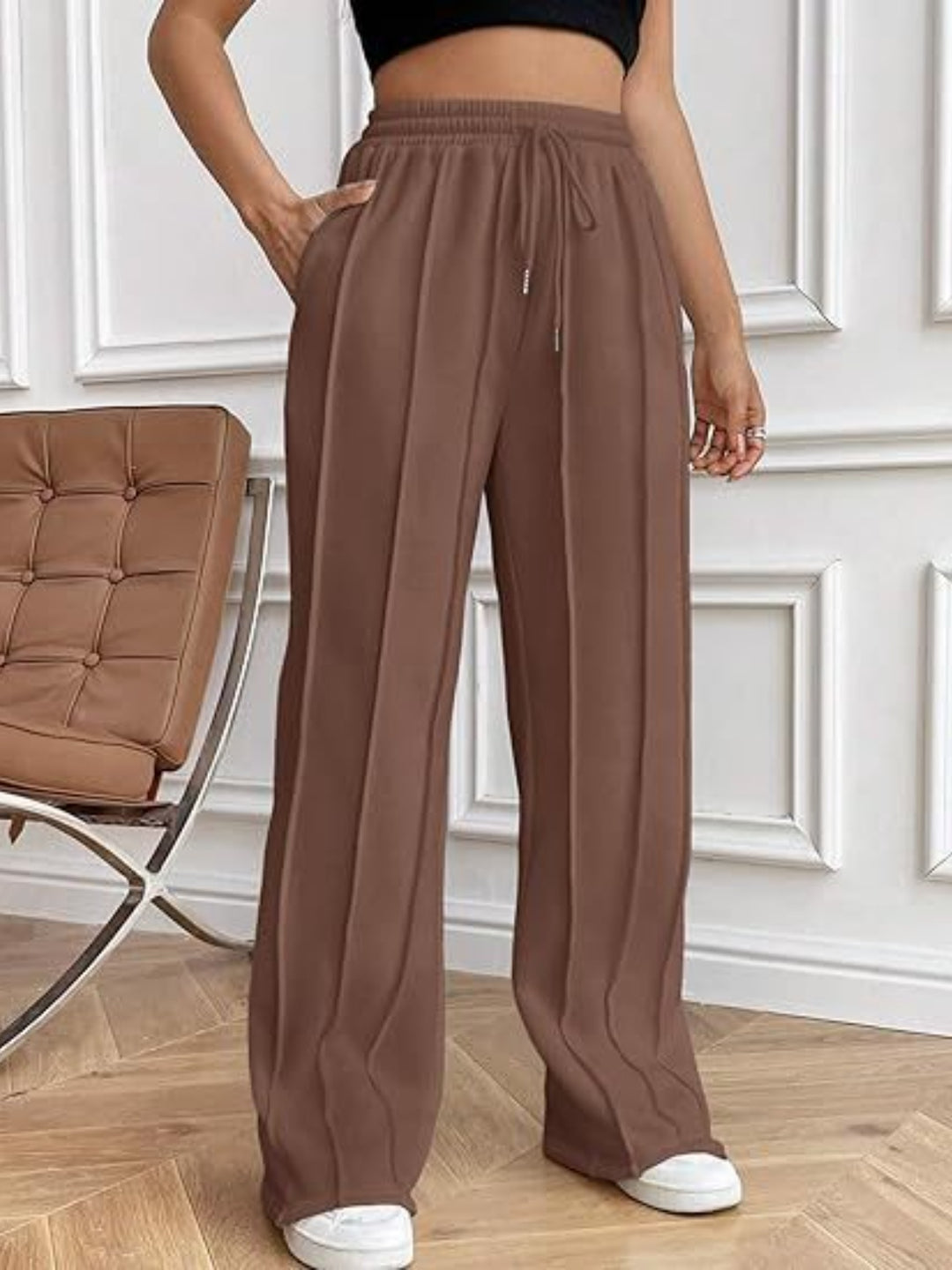 Casual Chic Wide Leg Drawstring Trousers with Pockets