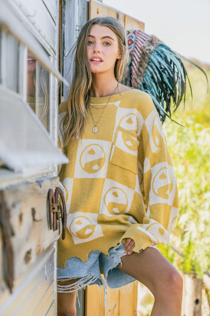 Yin Yang Checkerboard Pullover Sweater