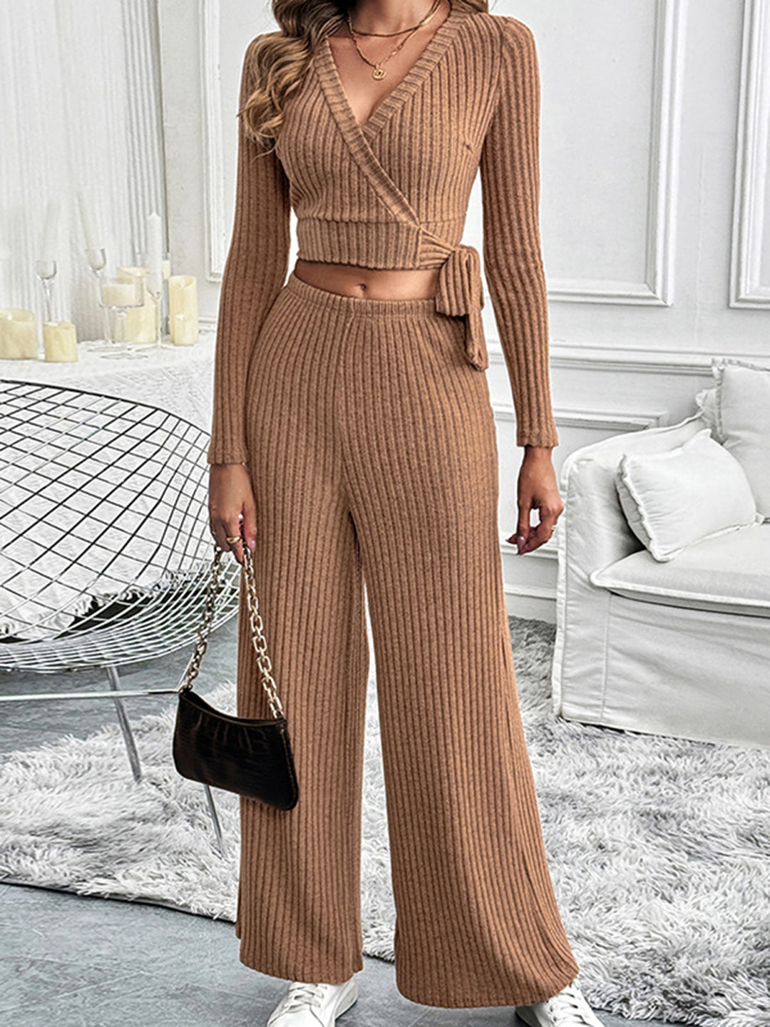 Chic Perfee Surplice Long Sleeve Top and Trouser Set