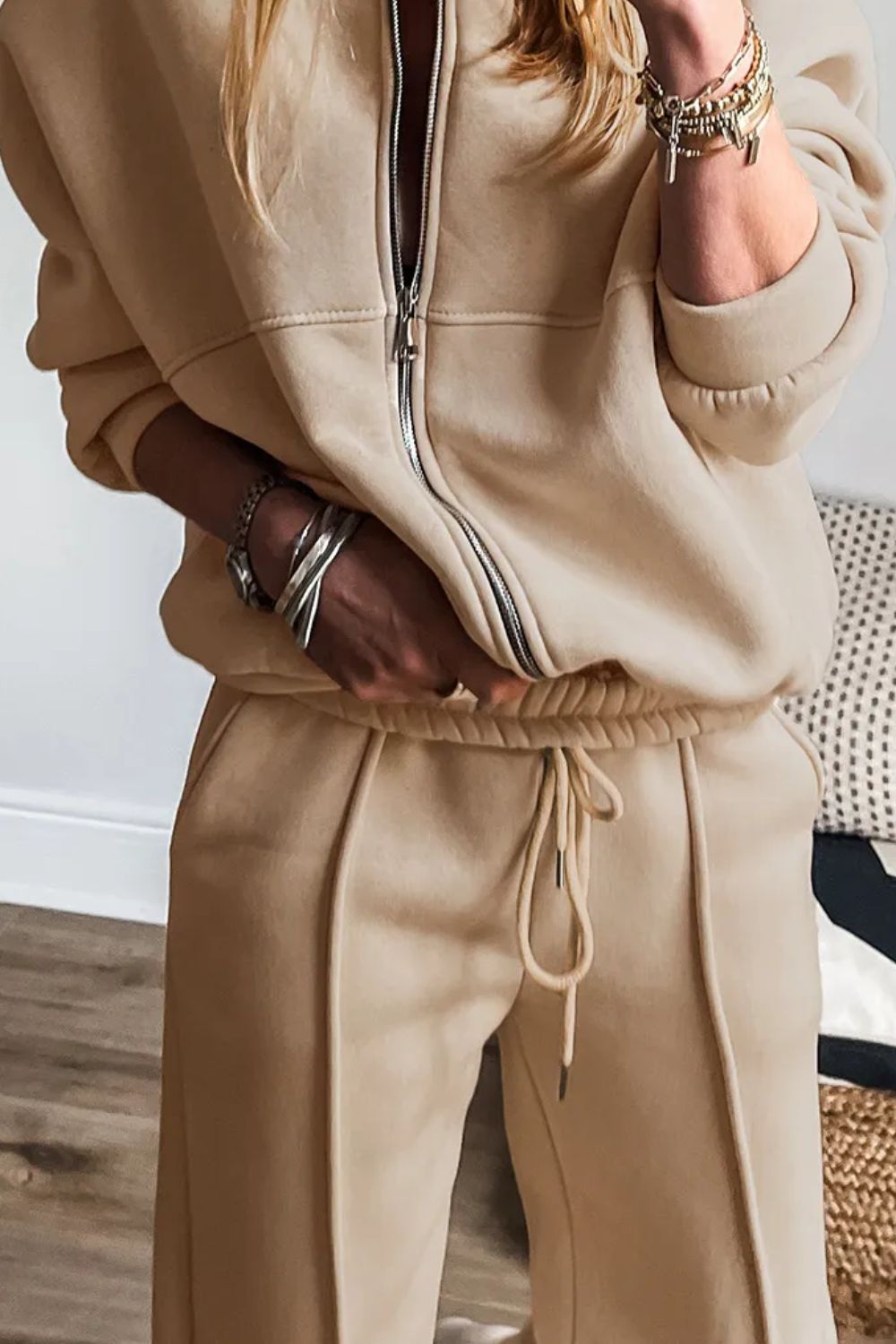 Chic Zip-Up Long Sleeve Top and Matching Pants Ensemble Set