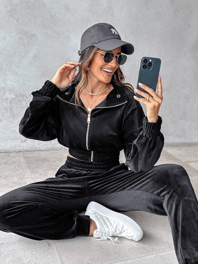 Cropped Zip-Up Long Sleeve Top and Jogger Set for Women