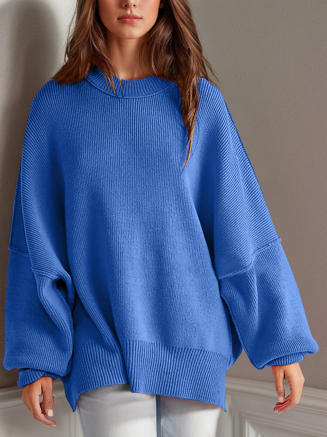 Chic Side Slit Long Sleeve Sweater with Round Neck