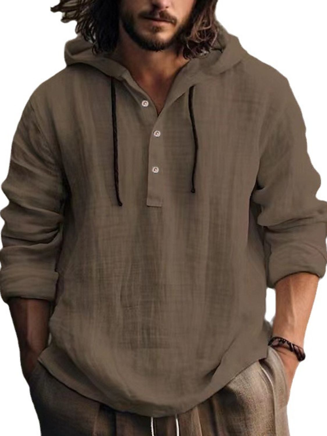 Men's Full Size Half Button Long Sleeve Hoodie for Comfort