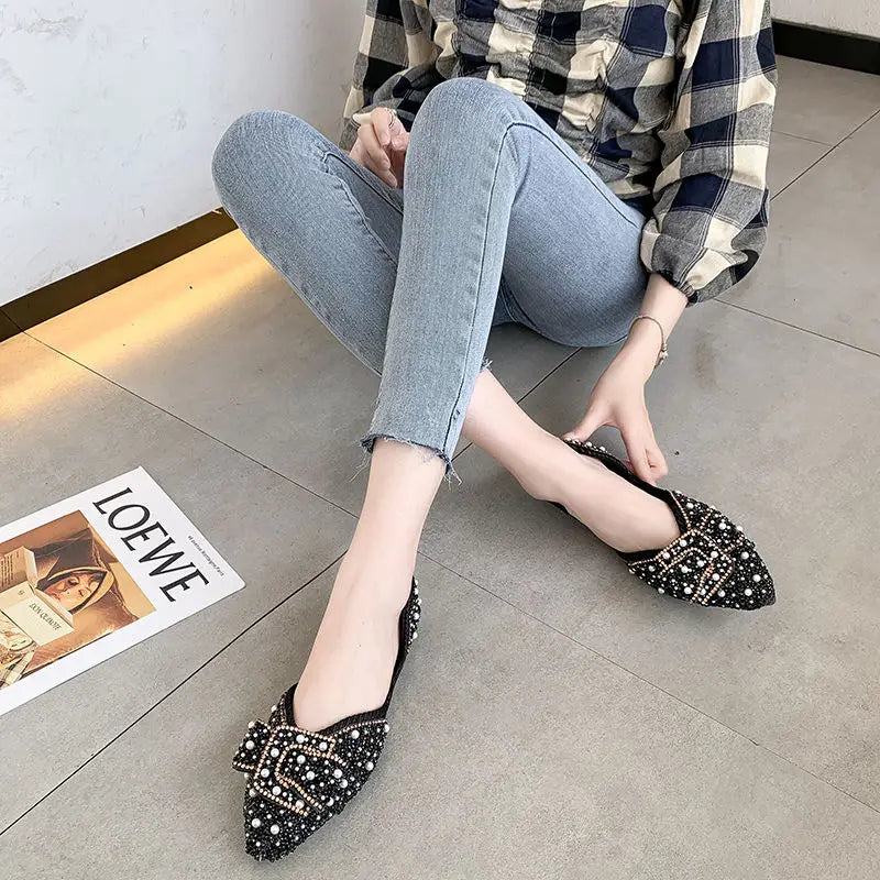 Sparkling Green Pointed Toe Flats with Rhinestones and Crystals - Women's Summer Pearl Footwear