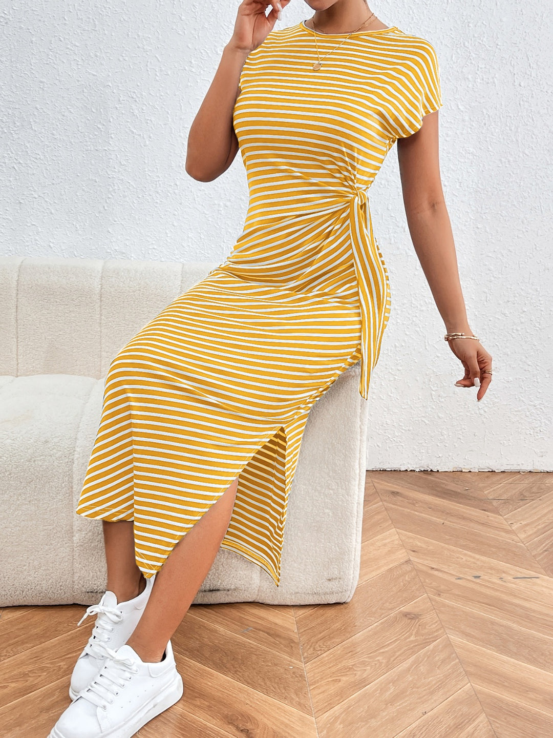 Chic Tied Striped Short Sleeve Dress with Round Neck