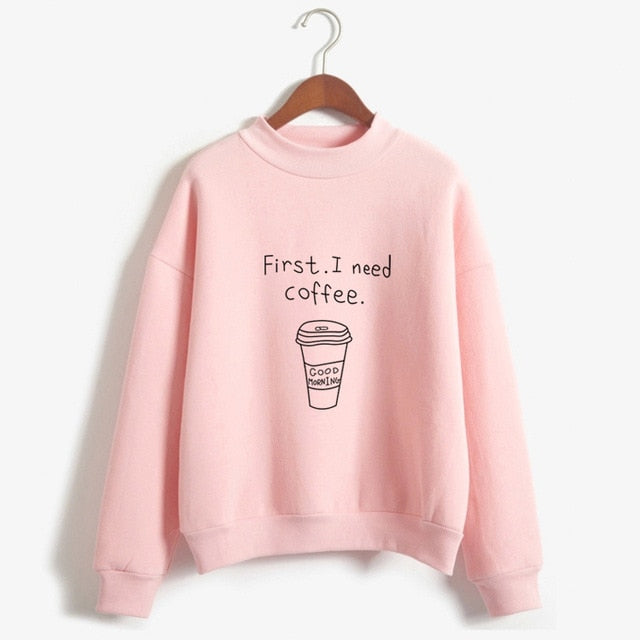 Kawaii Coffee Lover's Harajuku Style Fleece Turtleneck Hoodie for Women