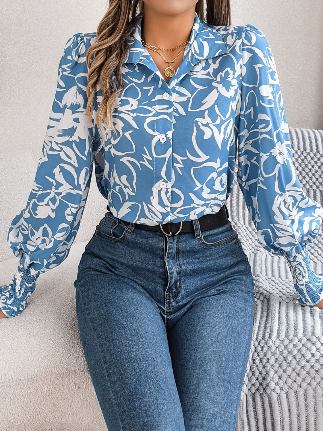 Stylish Printed Lantern Sleeve Button-Up Blouse for Women