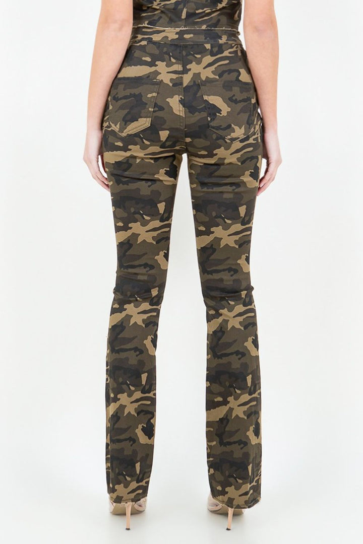 Camo Flare Pants with V-Cut and Ruched Detail