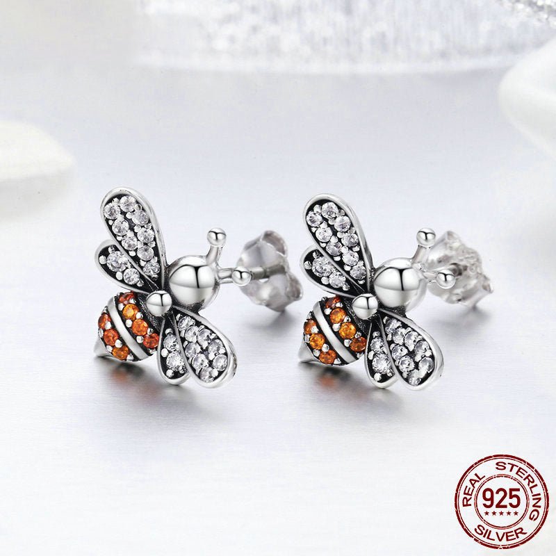 925 Sterling Silver Bee Story Clear CZ Exquisite Stud Earrings for Women Fashion Silver Jewelry