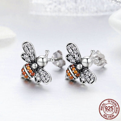 925 Sterling Silver Bee Story Clear CZ Exquisite Stud Earrings for Women Fashion Silver Jewelry