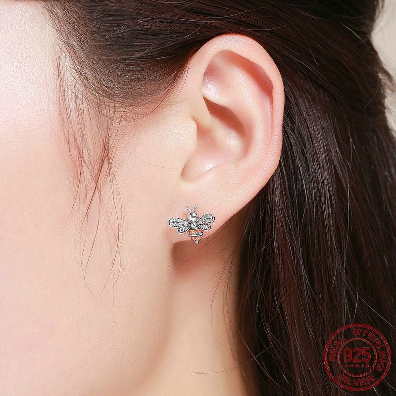 925 Sterling Silver Bee Story Clear CZ Exquisite Stud Earrings for Women Fashion Silver Jewelry