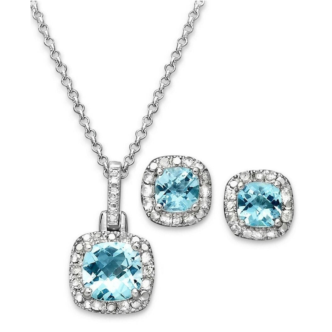 .925 Sterling Silver Cushion Blue Topaz / Sapphire with White Diamonds Pendant Necklace and Earrings Set