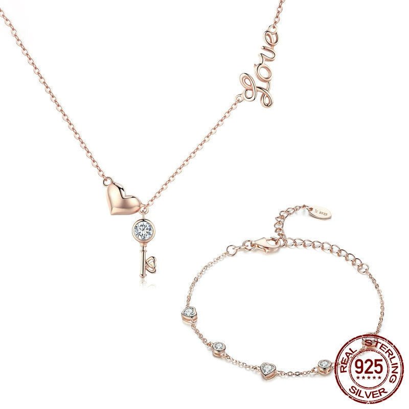 925 Sterling Silver Key Lock of Love Gold Color Necklaces Bracelets Jewelry Sets