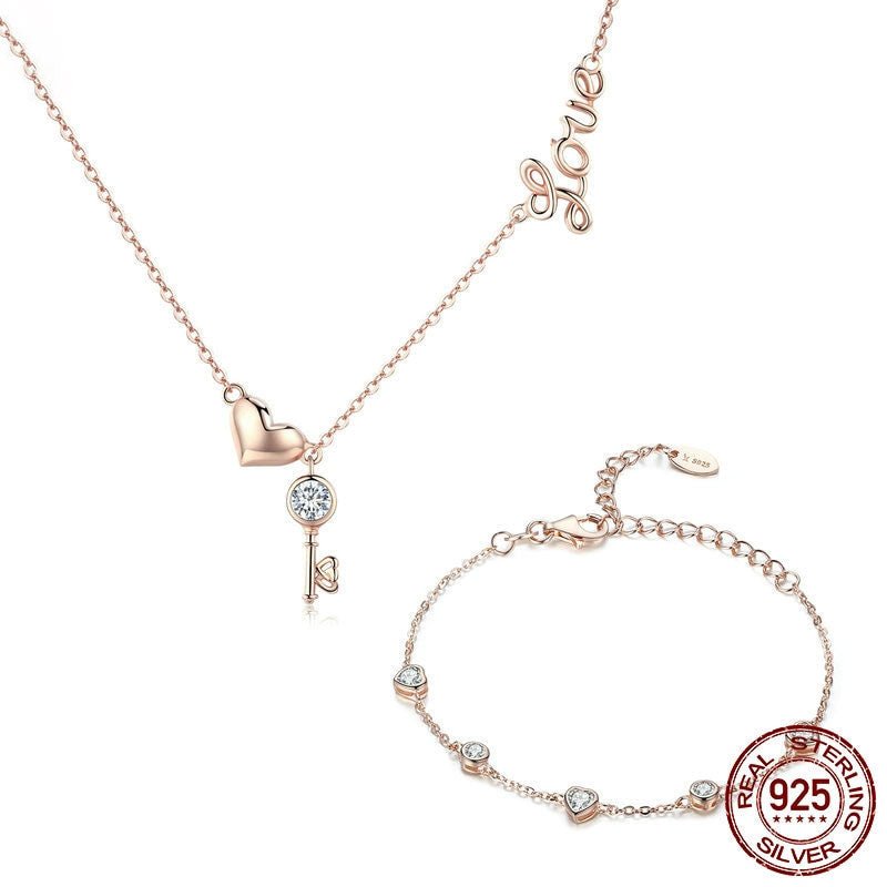 925 Sterling Silver Key Lock Of Love Jewelry Set Necklaces And Bracelets Gold Color