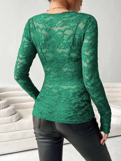 V-Neck Long Sleeve Lace Top for Women in Elegant Style