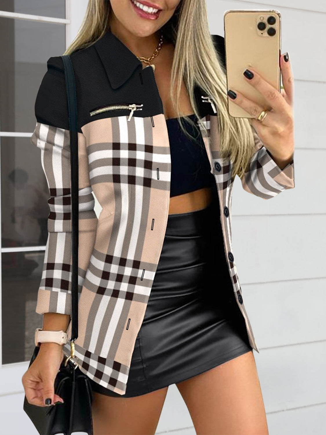 Chic Printed Button-Up Shacket with Zip Accents for Style