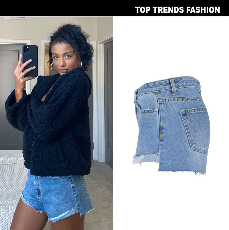 High-Waisted Soft Ripped Denim Shorts with Unique Asymmetrical Hem for Women's Spring and Summer Fashion