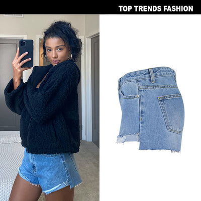 High-Waisted Soft Ripped Denim Shorts With Unique Hem