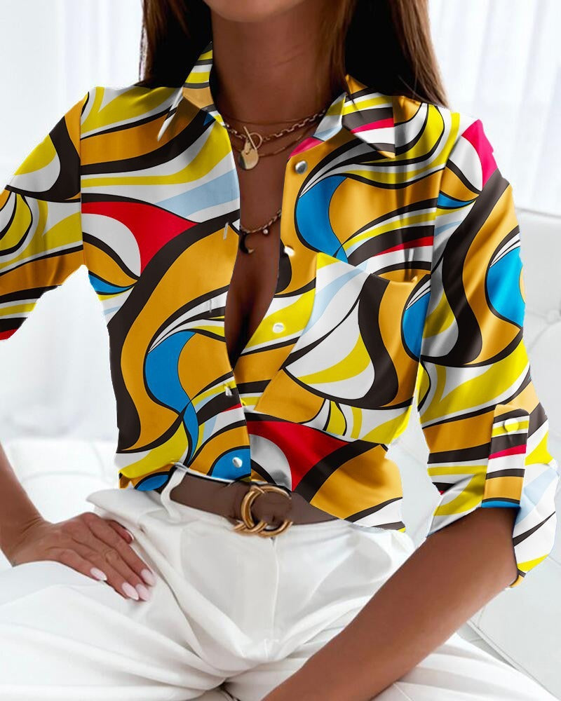 Chic Floral Print Long Sleeve Dacron Blouse for Women