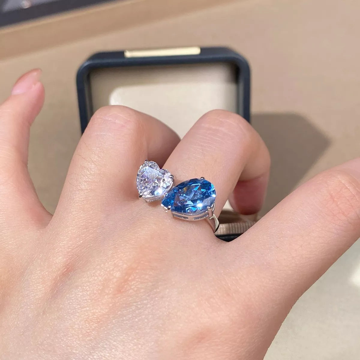 Heart and Teardrop Shaped Dual-Stone Open Ring
