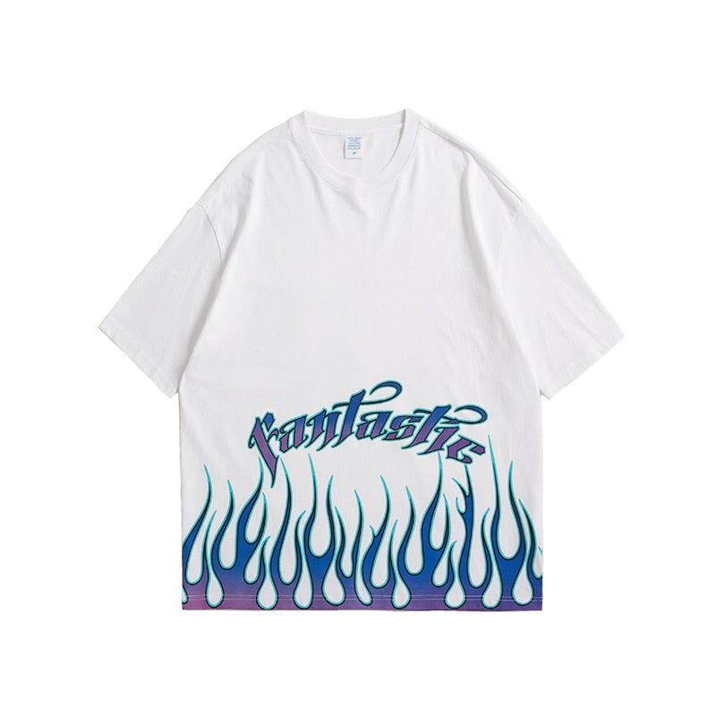 Men's Black Oversized Tee with Bold Flame Print Design