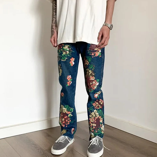 Fashion-Forward Men's Artisan Floral Fringed Jeans Indigo