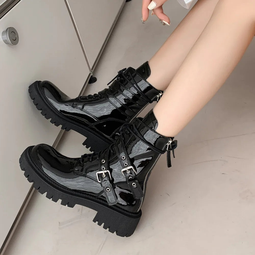 Leisure Zipper Women Ankle Boots Cross-Tied Genuine Leather Buckle Shoes Woman Autumn Winter New Casual Motorcycle Boots