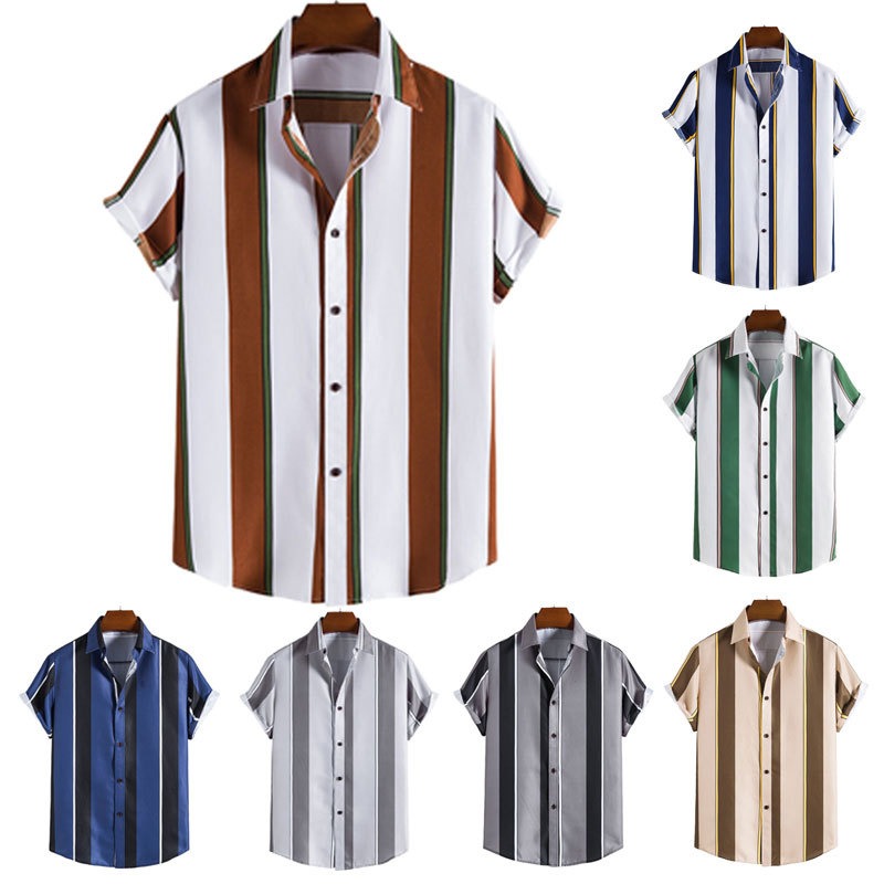 Men's Tropical-Inspired Short Sleeve Striped Cotton Blend Shirt