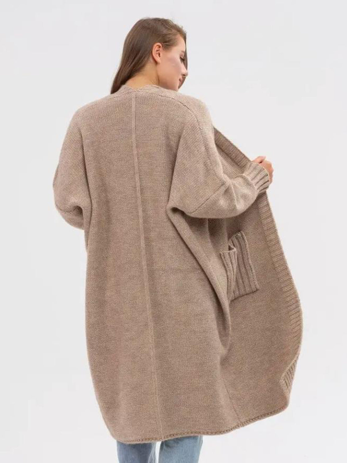 Pocketed Open Front Long Sleeve Longline Cardigan for Women
