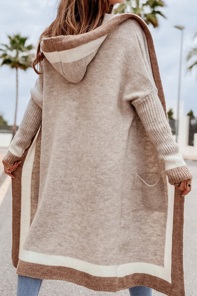 Pocketed Contrast Long Sleeve Hooded Cardigan for Women