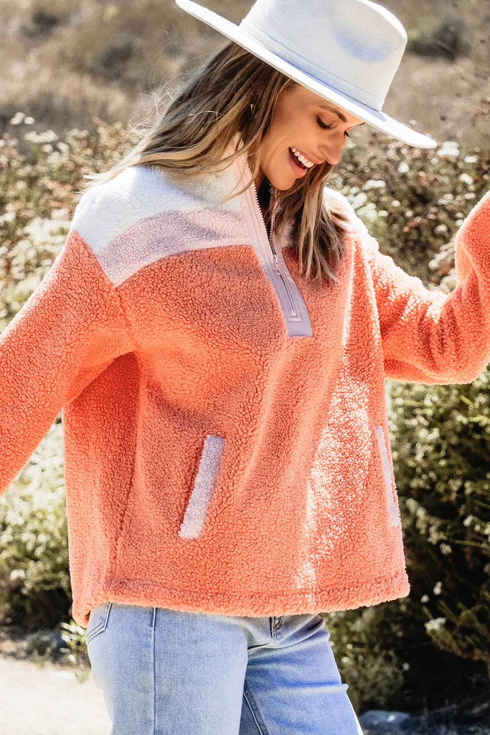 Chic Dual Fabric Half Zip Long Sleeve Sweatshirt for Women