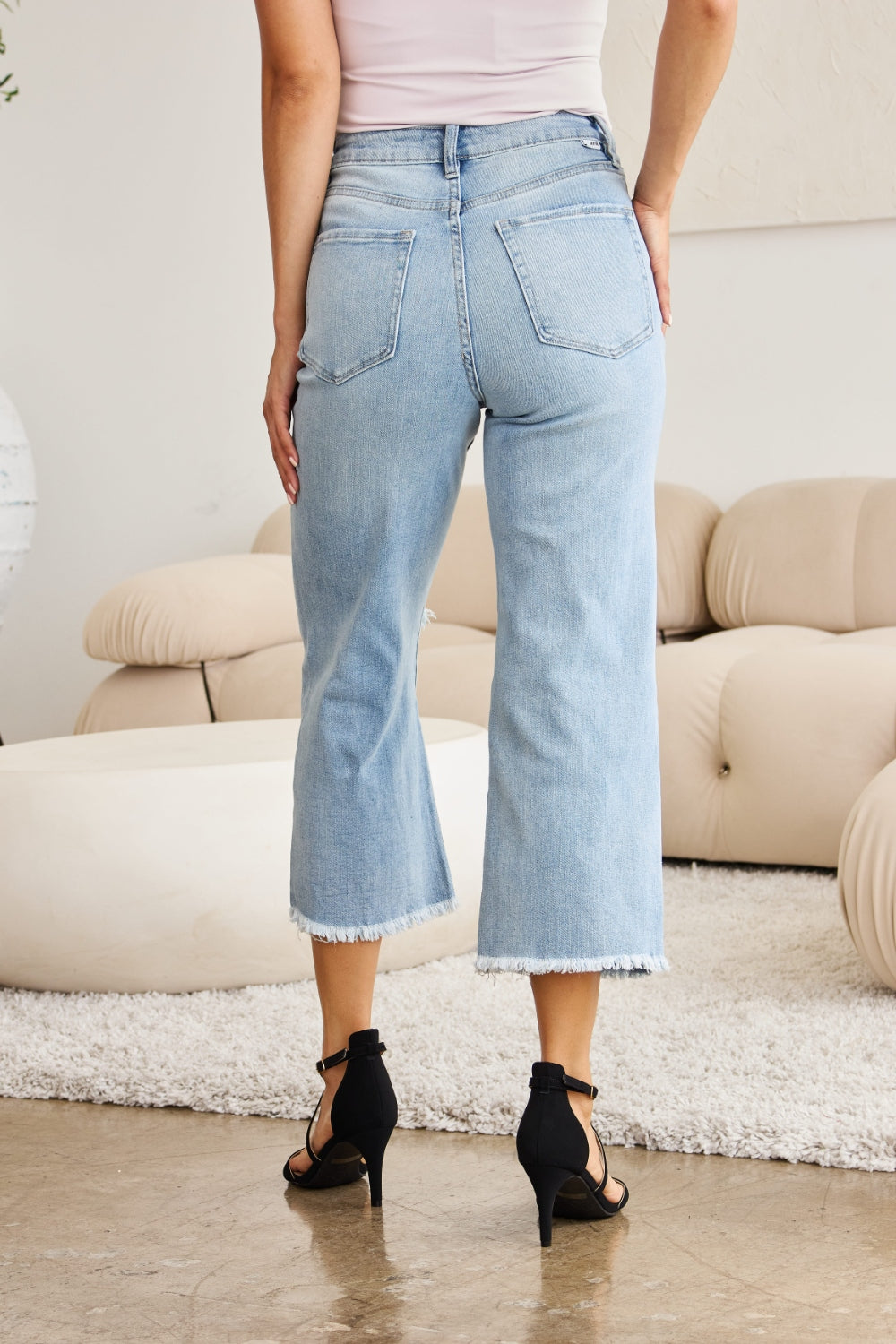 High Waist Distressed Tummy Control Jeans with Raw Hem Finish