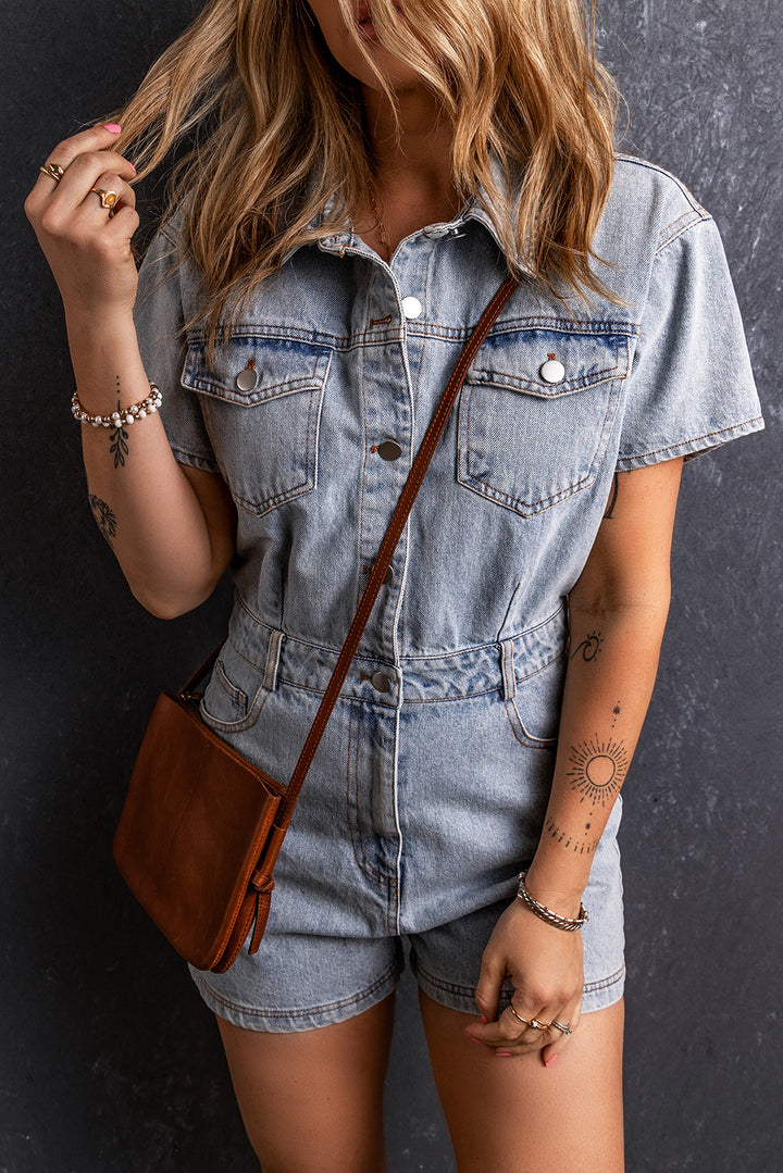 Collared Short Sleeve Denim Jumpsuit for Effortless Style