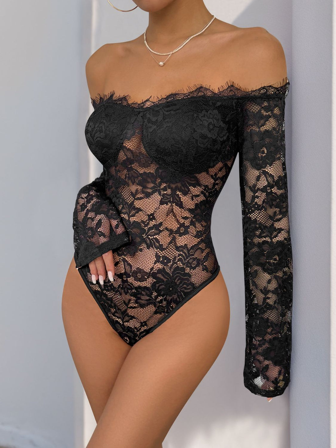 Chic Off-Shoulder Lace Long Sleeve Bodysuit by Perfee