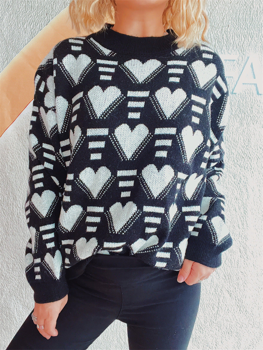 Charming Heart Contrast Oversized Sweater for Cozy Style