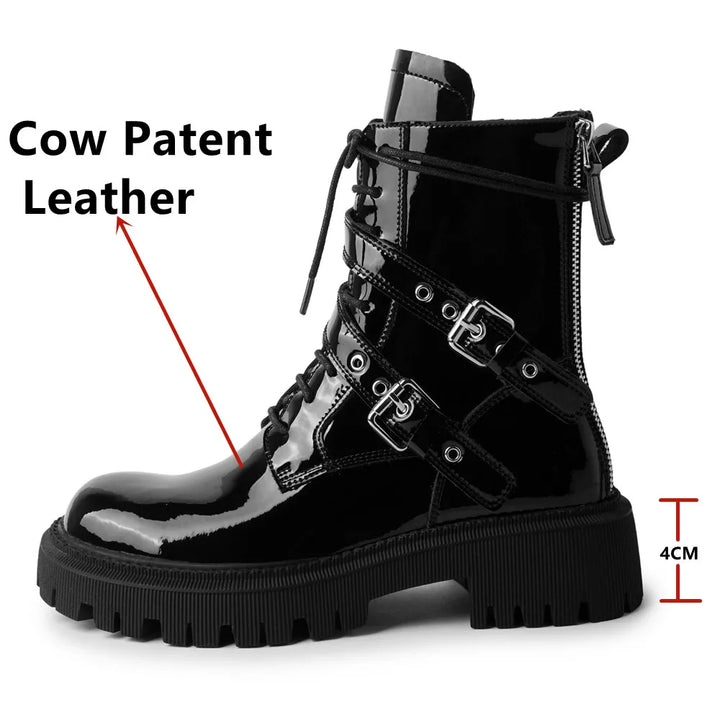 Leisure Zipper Women Ankle Boots Cross-Tied Genuine Leather Buckle Shoes Woman Autumn Winter New Casual Motorcycle Boots