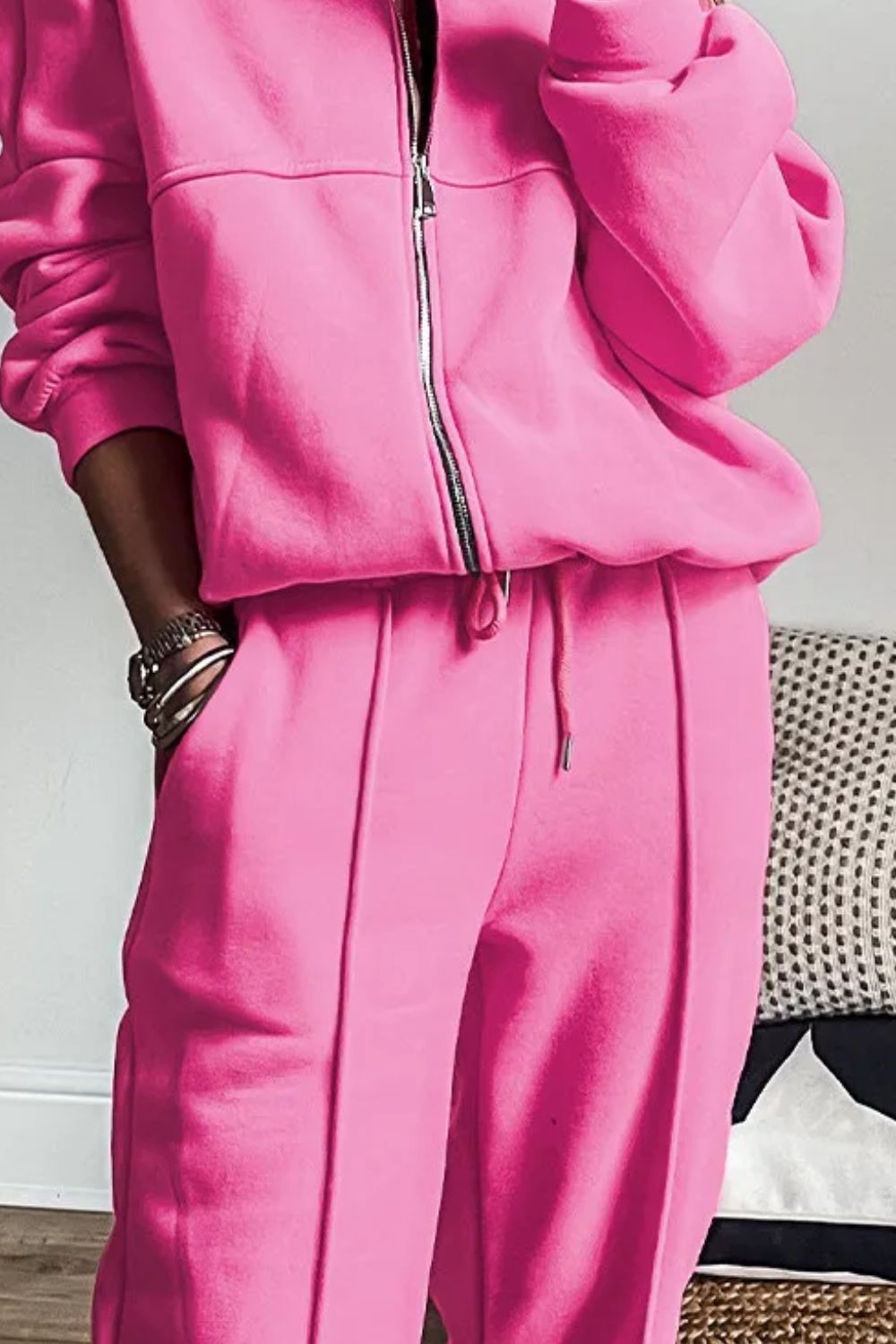 Chic Zip-Up Long Sleeve Top and Matching Pants Ensemble Set