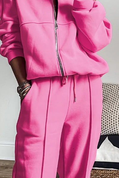 Chic Zip-Up Long Sleeve Top and Matching Pants Ensemble Set