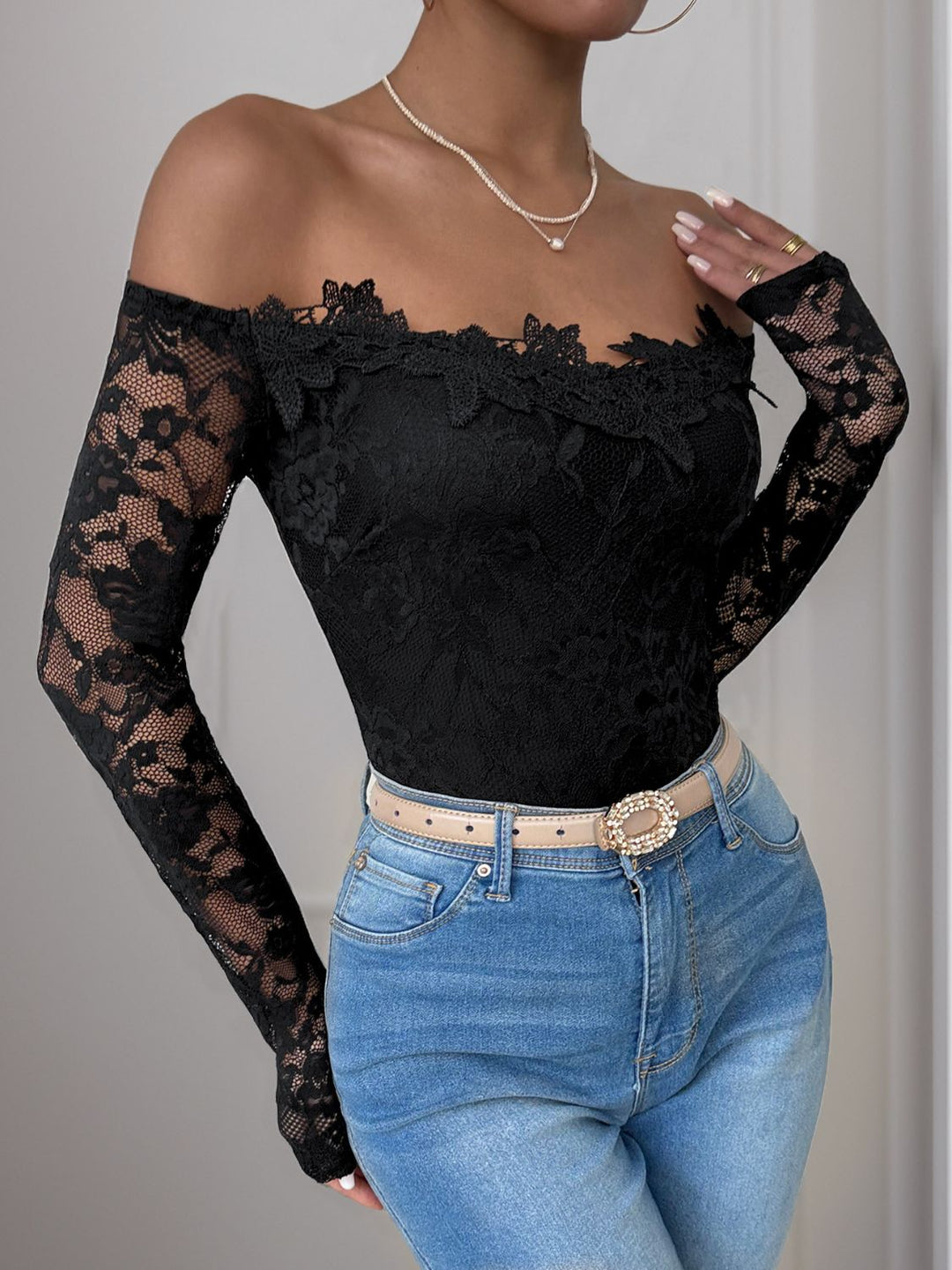 Elegant Lace Off-Shoulder Long Sleeve Bodysuit