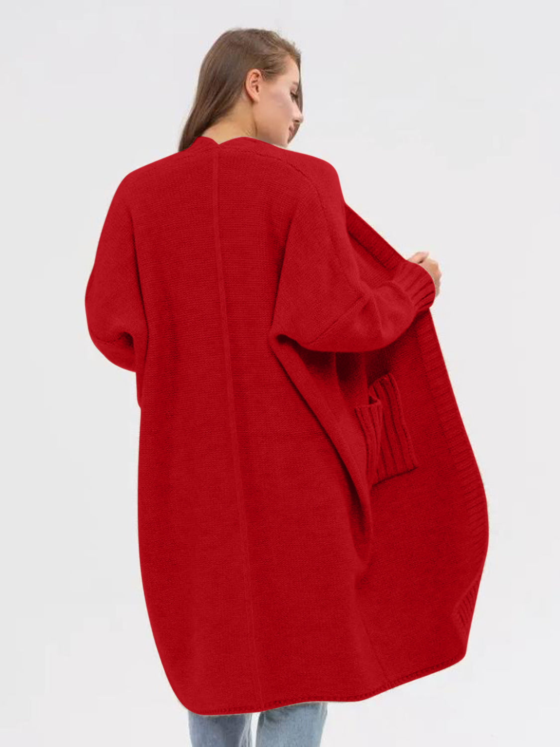 Pocketed Open Front Long Sleeve Longline Cardigan for Women