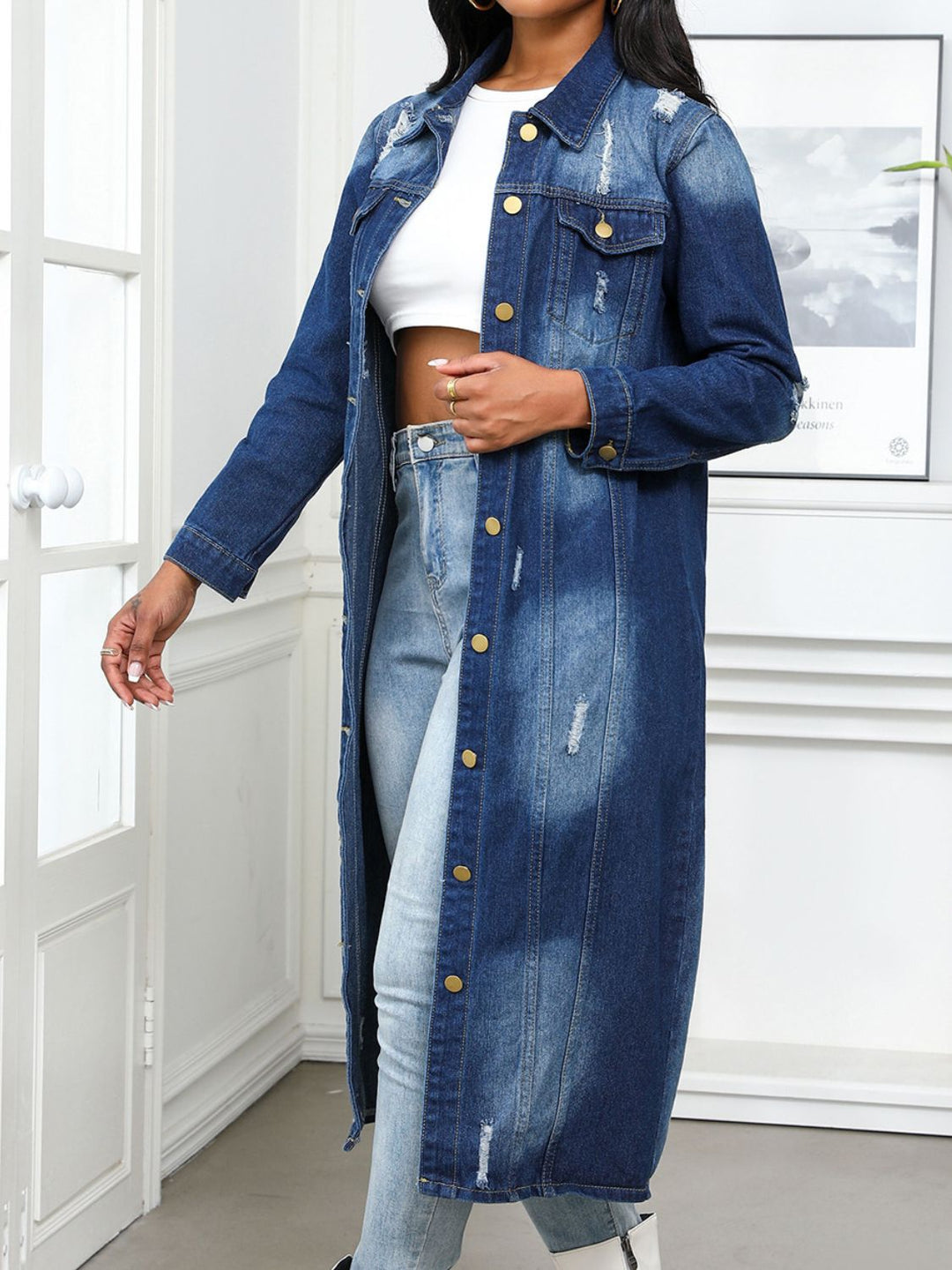 Chic Distressed Denim Button-Up Top with Collared Neck