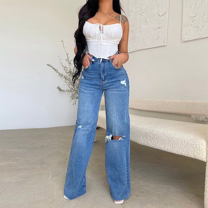 Casual High Waist Wide Leg Denim Jeans for Women - Ripped Plus Size Mom Trousers