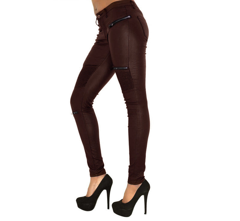 Brown Faux Leather Denim Pencil Pants with Multi-Zip Design and Large Size Options for Motorcycle Enthusiasts