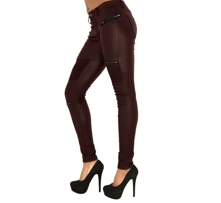 Brown Faux Leather Denim Pencil Pants with Multi-Zip Design and Large Size Options for Motorcycle Enthusiasts