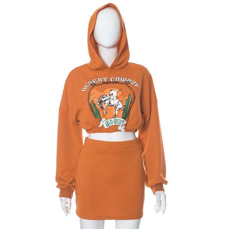 Hooded Printed Sweatshirt and Skirt Set for Women