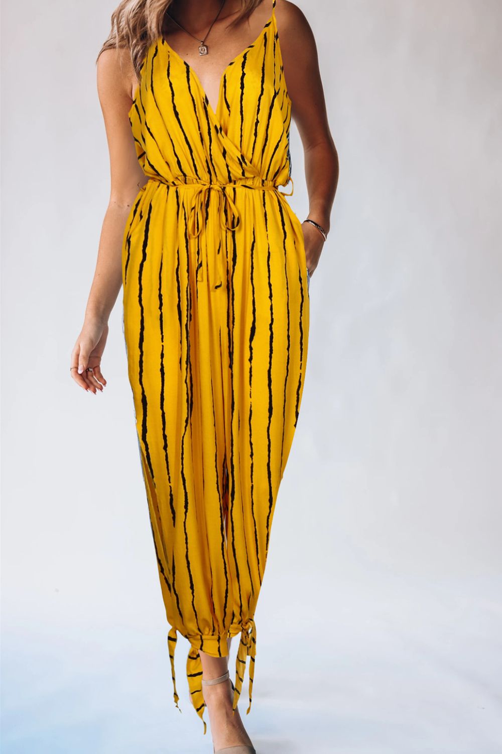 Striped Contrast Tie Ankle Spaghetti Strap Jumpsuit Casual