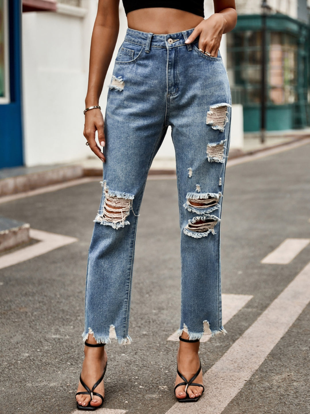 Ripped Edge Pocket Jeans for Effortless Style