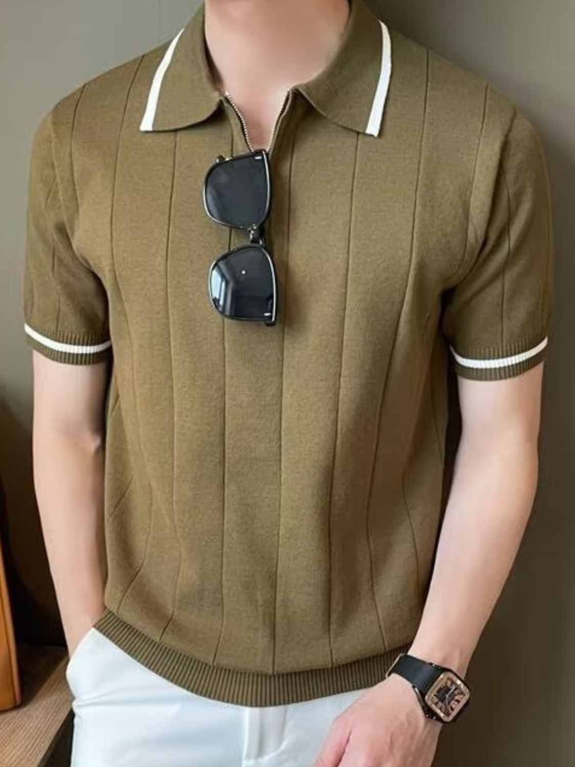 Men's Plus Size Quarter Zip Short Sleeve Polo Shirt for Comfort